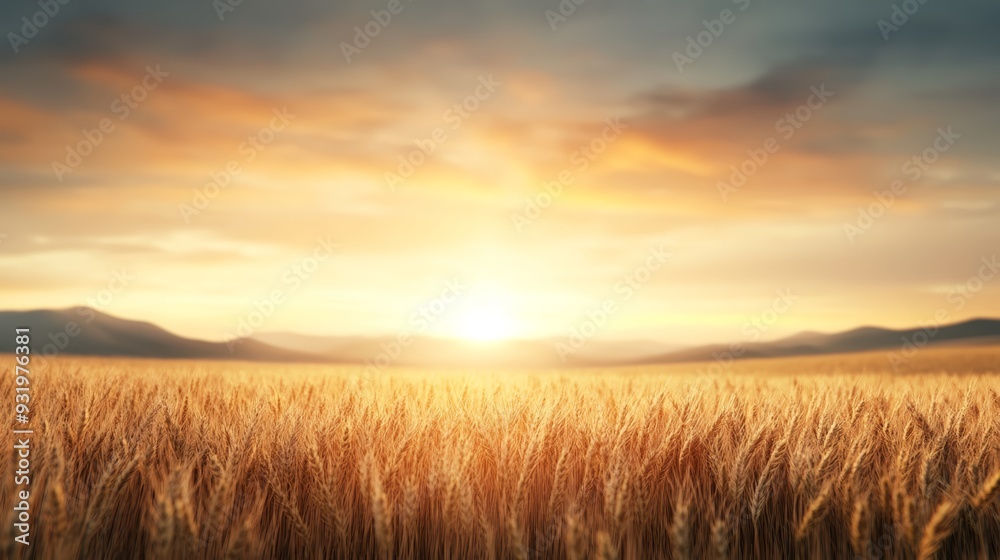 A serene landscape showcasing golden wheat fields under a vibrant sunset sky, perfect for nature and agricultural themes. A serene landscape showcasing golden wheat fields under a vibrant sunset sky, perfect for nature and agricultural themes.
