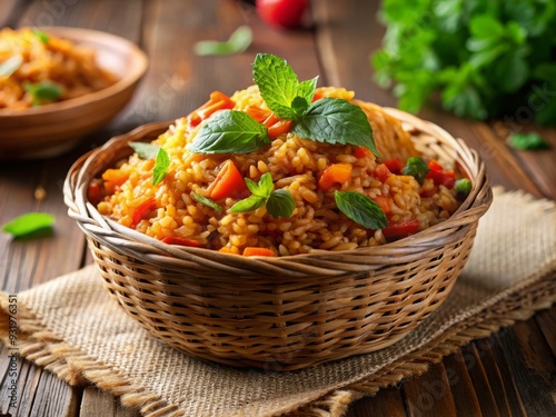 Warm African Jollof Rice on woven basket, soft natural light, pastel colors, fresh mint leaves, aromatic spices, beige and brown hues