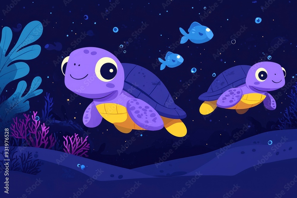 Obraz premium Two Cute Purple Sea Turtles Swimming Underwater