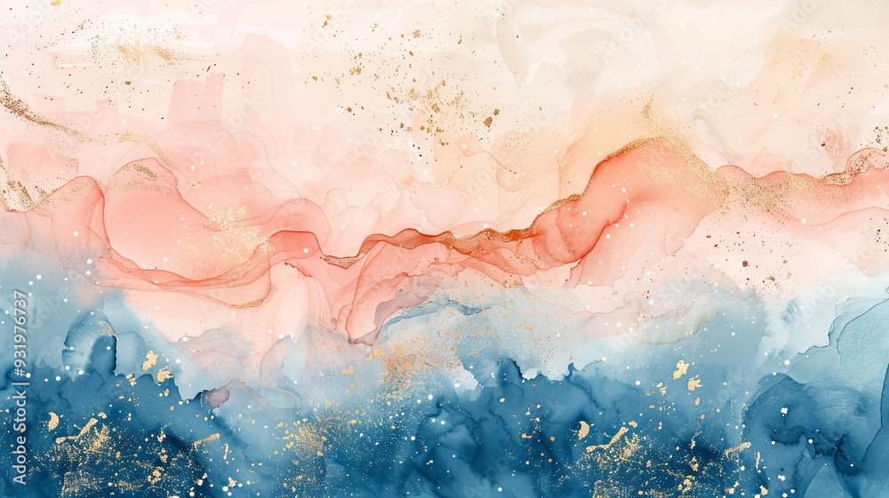 Obraz premium watercolor art background with earth tones in blue, pink, ivory, and beige, accented by gold line art. Ideal for wallpaper design, prints, wall art, covers, and invitation cards