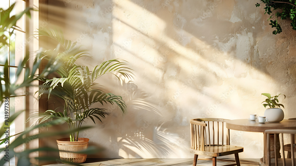 Sunlight streams through a window, casting long shadows on a beige wall, illuminating a potted palm plant and a wooden table with chairs. Sunlight streams through a window, casting long shadows on a beige wall, illuminating a potted palm plant and a wooden table with chairs.