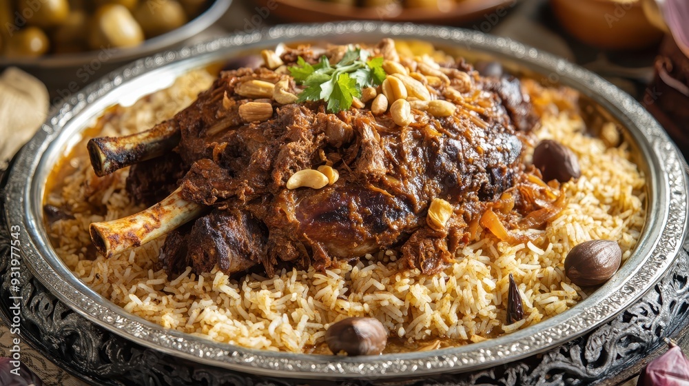 Kabsa is served on a plate with boiled and vegetables. Arab food
Kabsa is served on a plate with boiled and vegetables. Arab food