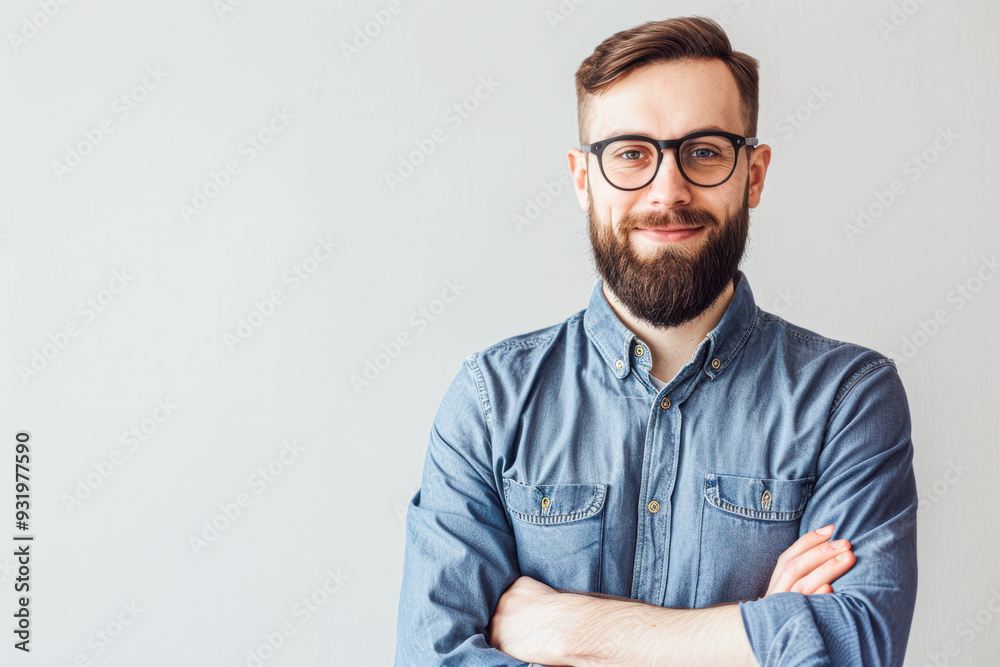 A man with a beard and glasses is smiling and wearing a blue shirt A man with a beard and glasses is smiling and wearing a blue shirt