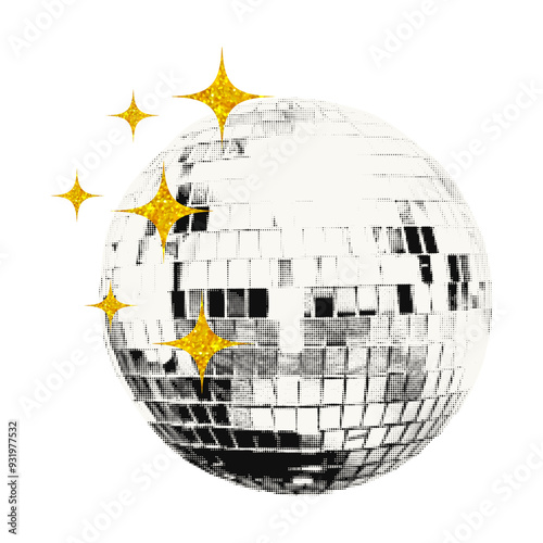 Shiny disco ball halftone collage element. Cut out of a magazine party festive symbol with gold glitter stars decoration. Trendy modern retro vector illustration isolated on transparent background 