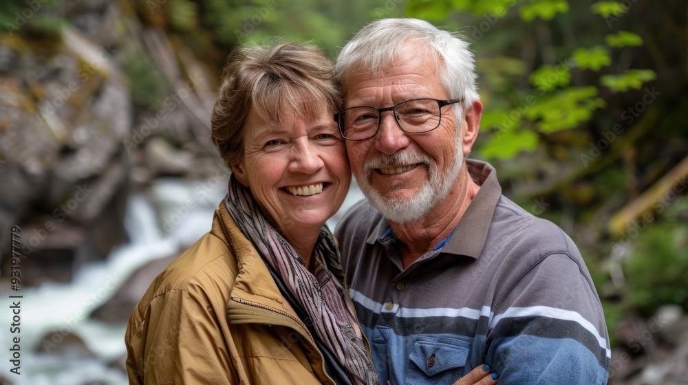 Elderly couple man and woman walking together smiling happily in a beautiful outdoor park in the soft morning sunlight. Elderly couple man and woman walking together smiling happily in a beautiful outdoor park in the soft morning sunlight.