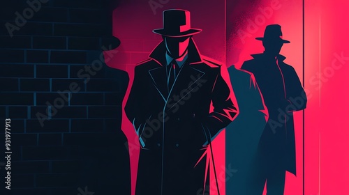 Sleuthing in the Shadows: Cartoon Detective with Mysterious Figures in Noir Atmosphere - Cartooning Studio Vector Illustration