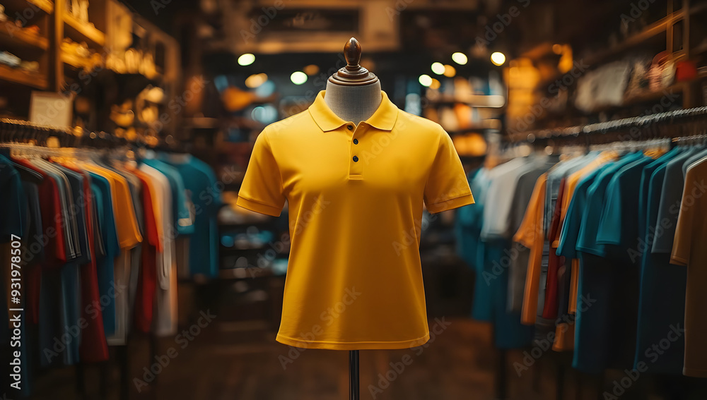 A vibrant yellow polo shirt displayed in a stylish retail environment, surrounded by a variety of colorful clothing. A vibrant yellow polo shirt displayed in a stylish retail environment, surrounded by a variety of colorful clothing.