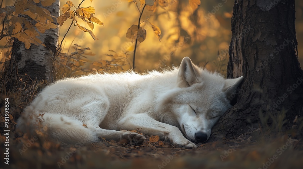 Obraz premium White beautiful sleeping wolf in the forest under a tree