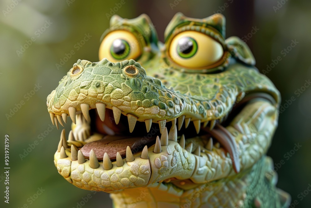 Close-up of Smiling Cartoon Crocodile Figurine in Natural Setting Close-up of Smiling Cartoon Crocodile Figurine in Natural Setting