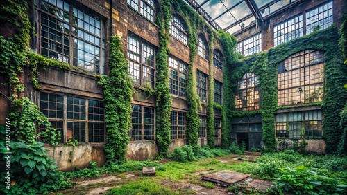 Abandoned factory building with broken windows and overgrown ivy, a haunting and atmospheric location perfect for urban exploration and post-apocalyptic settings