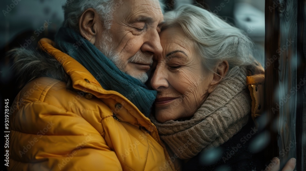 Elderly couple, man and woman, happily together romantically and warmly sitting on the sofa in the living room of their home. Elderly couple, man and woman, happily together romantically and warmly sitting on the sofa in the living room of their home.