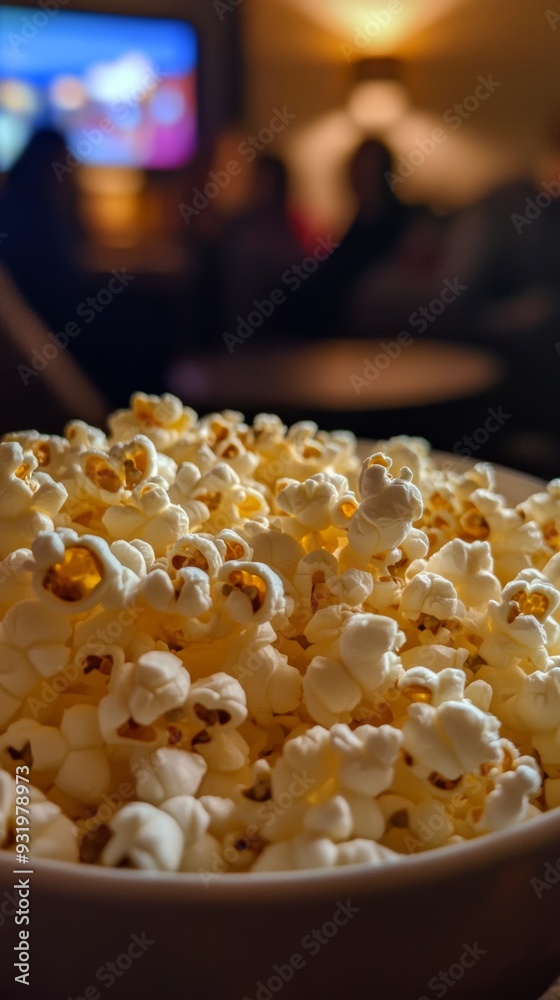 Bowl overflowing with buttery popcorn watching television Bowl overflowing with buttery popcorn watching television
