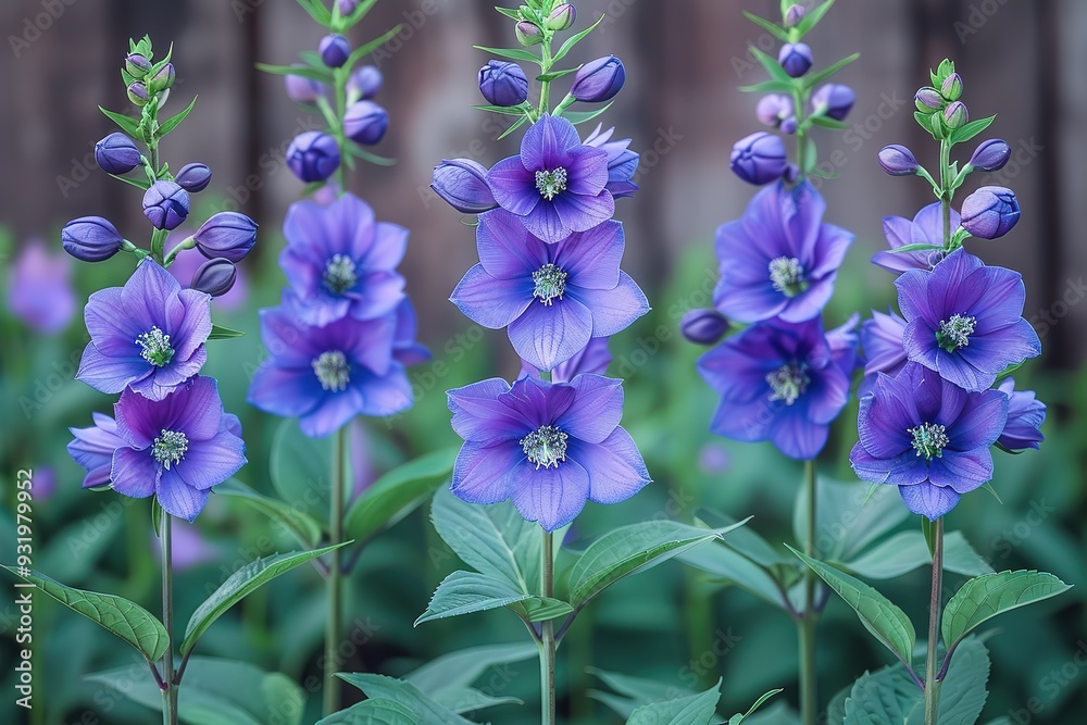 A row of purple flowers with green leaves A row of purple flowers with green leaves