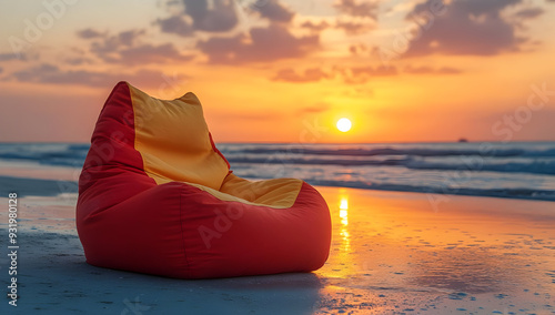 A vibrant bean bag chair rests on the beach at sunset, offering a cozy spot for relaxation and enjoyment by the sea.
