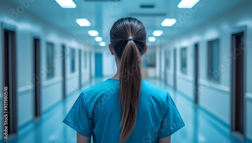 A nurse in scrubs standing in a hospital corridor, showcasing a calm and professional atmosphere in healthcare settings. photo