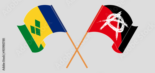 Crossed and waving flags of Saint Vincent and the Grenadines and Anarchy