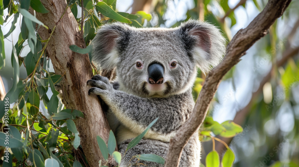 Fototapeta premium A koala in its natural eucalyptus tree habitat.