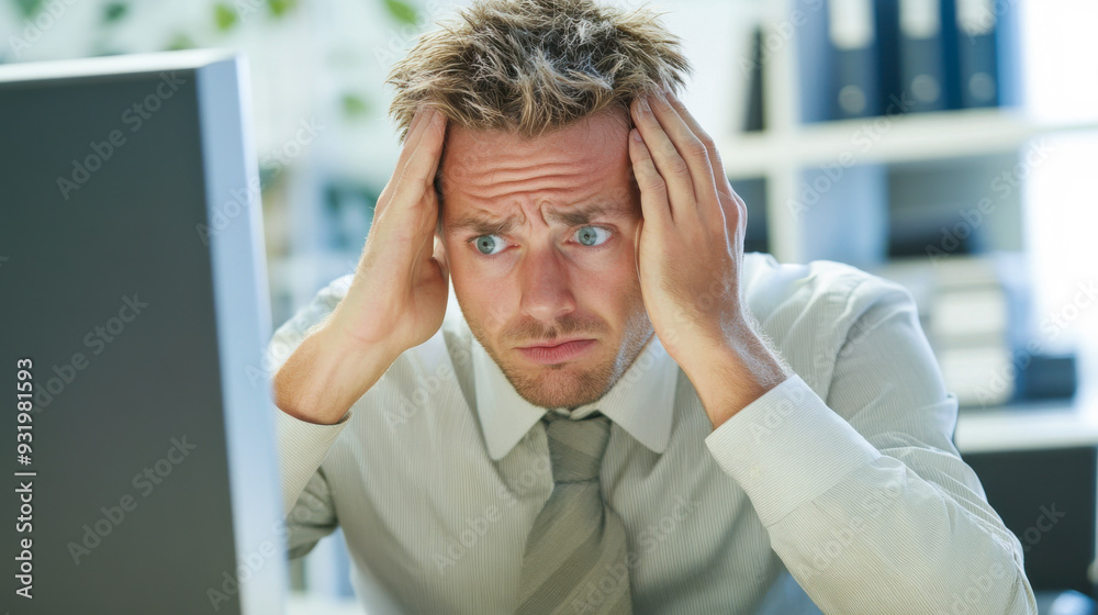 A frustrated office worker looks at a computer screen while experiencing stress during a busy workday A frustrated office worker looks at a computer screen while experiencing stress during a busy workday