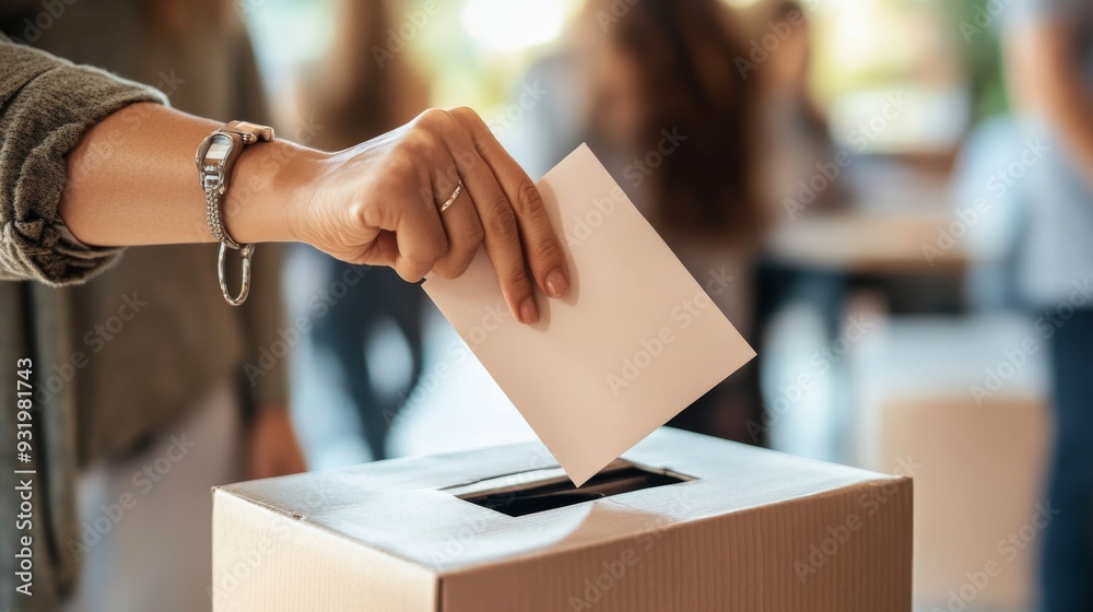 Casting a Vote: A hand, adorned with a silver bracelet, carefully drops a ballot into a cardboard box, signifying the act of voting and the importance of civic engagement. Casting a Vote: A hand, adorned with a silver bracelet, carefully drops a ballot into a cardboard box, signifying the act of voting and the importance of civic engagement.