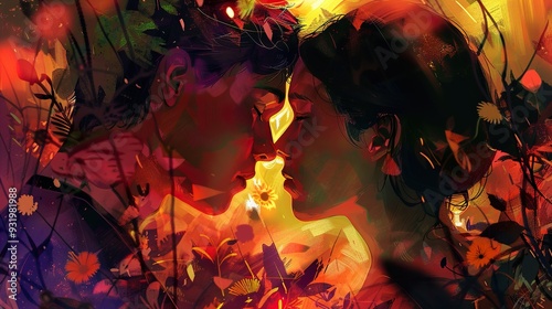 Romantic Couple Kissing in a Field of Flowers