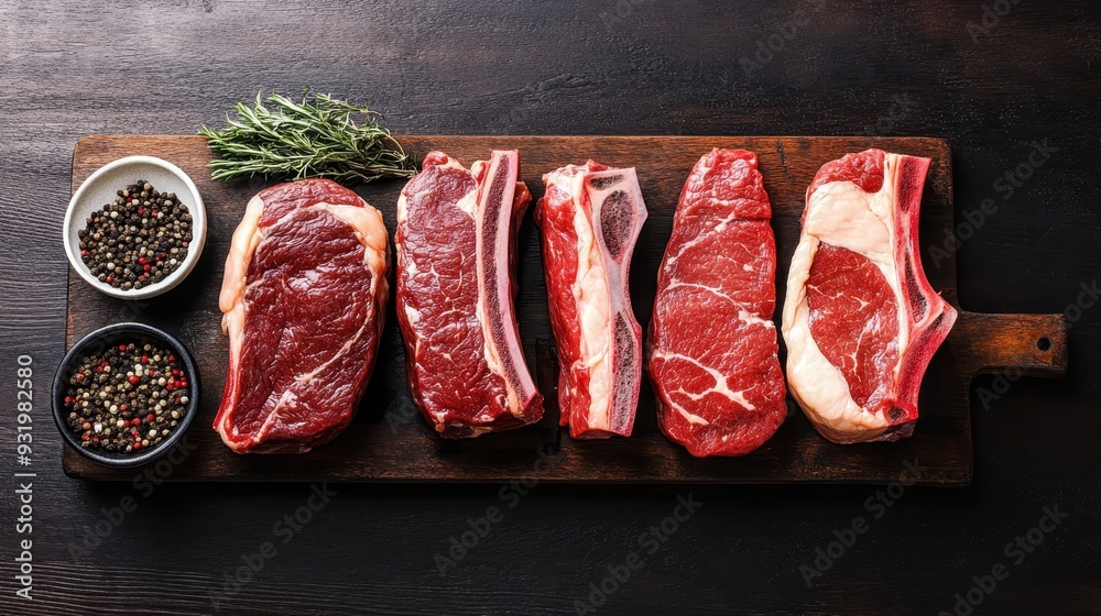 Fresh raw beef cuts, juicy ribeye steak, bone-in striploin, marbled tenderloin, salami slices, vintage butcher knives, peppercorn blend, coarse sea salt, rosemary sprigs, aged rustic wooden surface