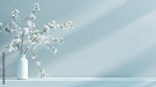 White Flowers in a Vase Against a Blue Wall