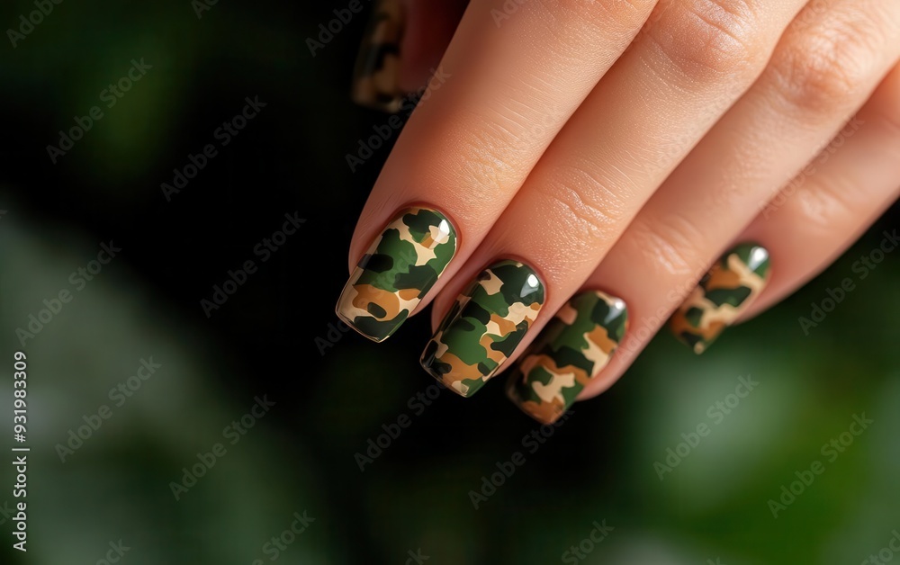 Stylish camouflage nail design showcasing intricate patterns in green and brown, perfect for fashion-forward individuals. Stylish camouflage nail design showcasing intricate patterns in green and brown, perfect for fashion-forward individuals.