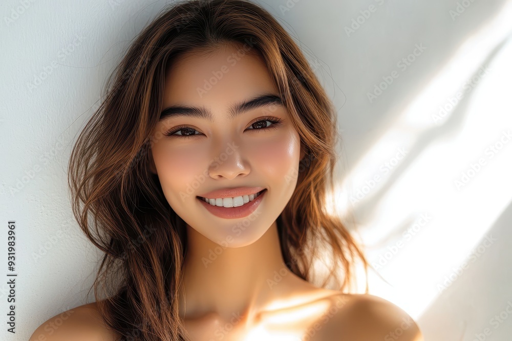 Close-up portrait of a smiling modern fashion model with wavy hair, standing against a light background. Close-up portrait of a smiling modern fashion model with wavy hair, standing against a light background.