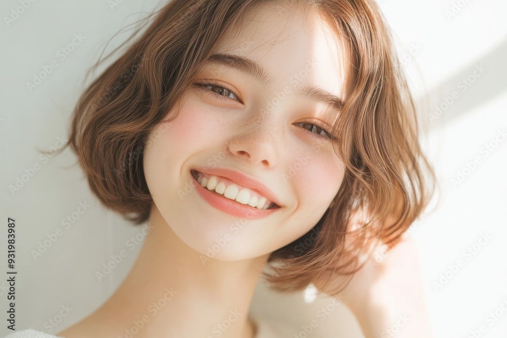 Close-up portrait of a smiling modern fashion model with a bob haircut, wearing a beige sweater, standing against a light background. Close-up portrait of a smiling modern fashion model with a bob haircut, wearing a beige sweater, standing against a light background.