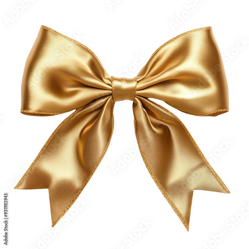 Elegant Gold Satin Ribbon Bow for Gift Wrapping, Decoration, Celebration, and Special Occasions. Luxurious Golden Ribbon Tied in Perfect Bow Shape for Festive Design Concepts.