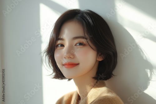 Close-up portrait of a smiling modern fashion model with a bob haircut, wearing a beige sweater, standing against a light background.