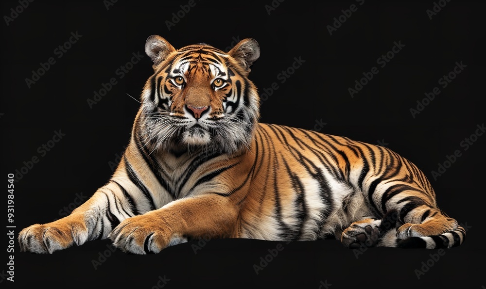 Obraz premium A solitary tiger resting on a dark background, Generative AI.