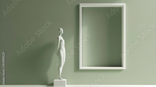 A simplistic scenario featuring a woman sculpture in a white window set against a green wall, shown in a 3D representation, Generative AI.