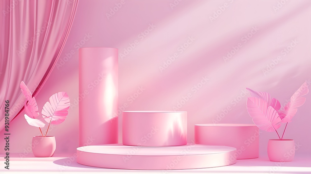 Pink Minimalist Product Display with Tropical Leaf Pink Minimalist Product Display with Tropical Leaf