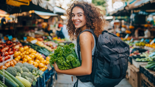 Young woman carrying fresh lettuce smiles in a vibrant market filled with colorful fruits and vegetables during the day