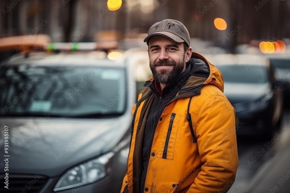 Handsome confident stylish hipster young bearded man in yellow outfit. Modern Fashion caucasian male posing in the street urban background near his car. Evening or morning city street. Outdoors Handsome confident stylish hipster young bearded man in yellow outfit. Modern Fashion caucasian male posing in the street urban background near his car. Evening or morning city street. Outdoors