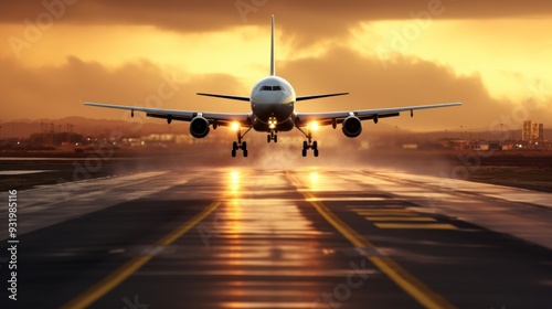 The plane is taking off from the airport runway. From the engine shows the power of flight.