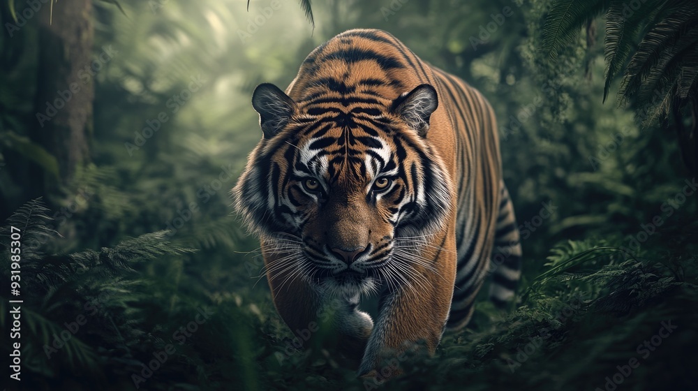 Majestic tiger in a dense forest, a symbol of wild beauty and the focus of conservation efforts to preserve biodiversity