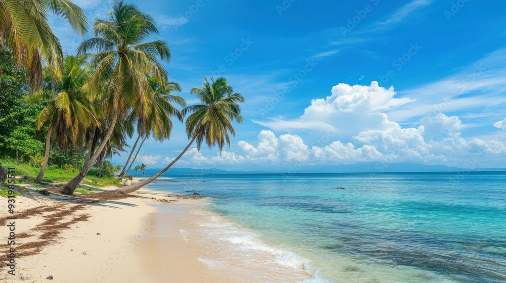 Fototapeta premium Tropical Paradise: Pristine Beach with Palm Trees and Crystal Clear Waters