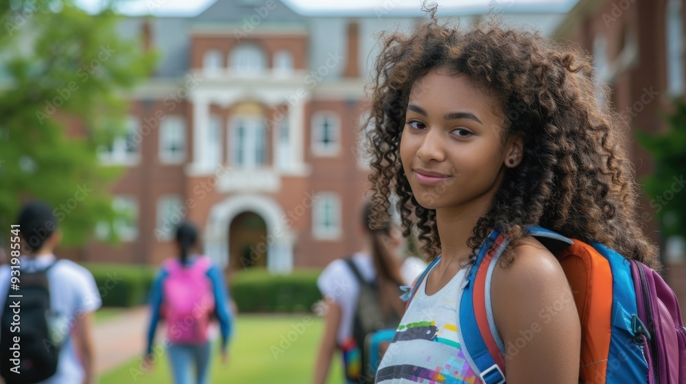 A curly-haired American female high school student walked confidently toward a large, traditional-looking high school building with a green lawn. A curly-haired American female high school student walked confidently toward a large, traditional-looking high school building with a green lawn.