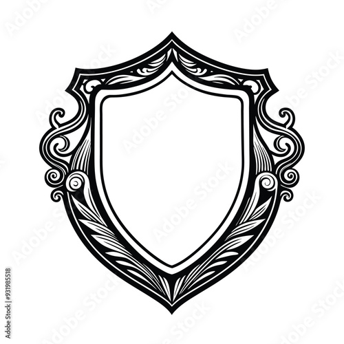 Black and white heraldic shield with floral ornament. Vector illustration.