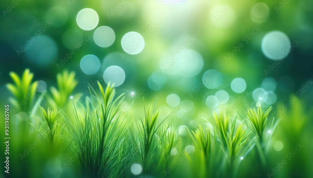 Obraz premium Fresh green grass in the foreground with a blurred background and bokeh light effects - Greenery natural background with copy space
