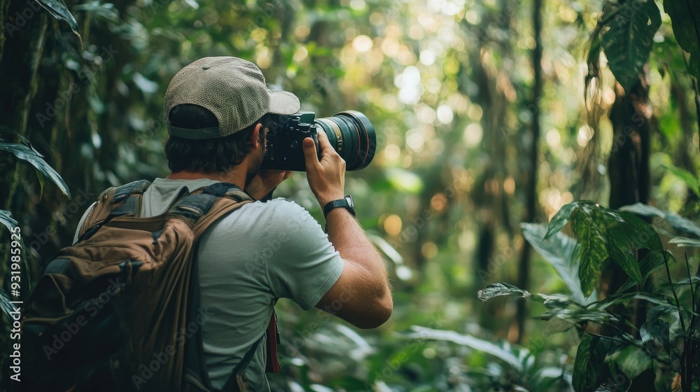 Man with camera in dense jungle surroundings, focused on capturing the wild beauty of the natural environment. Man with camera in dense jungle surroundings, focused on capturing the wild beauty of the natural environment.