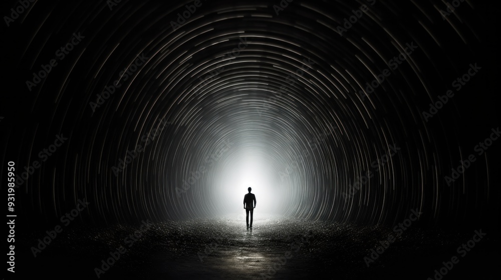 A man walks through a dark tunnel into the light. The concept of the soul's exit into the light. A man walks through a dark tunnel into the light. The concept of the soul's exit into the light.