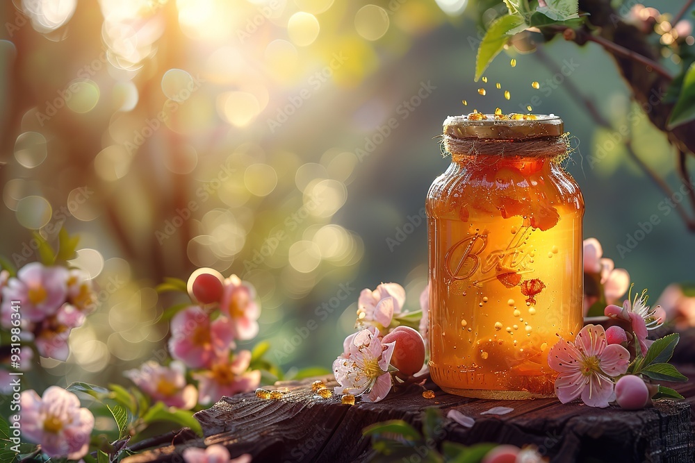 A jar of honey is sitting on a wooden surface next to some flowers