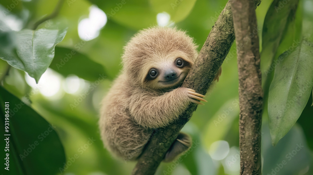 Fototapeta premium A cute baby sloth hanging from a tree branch.