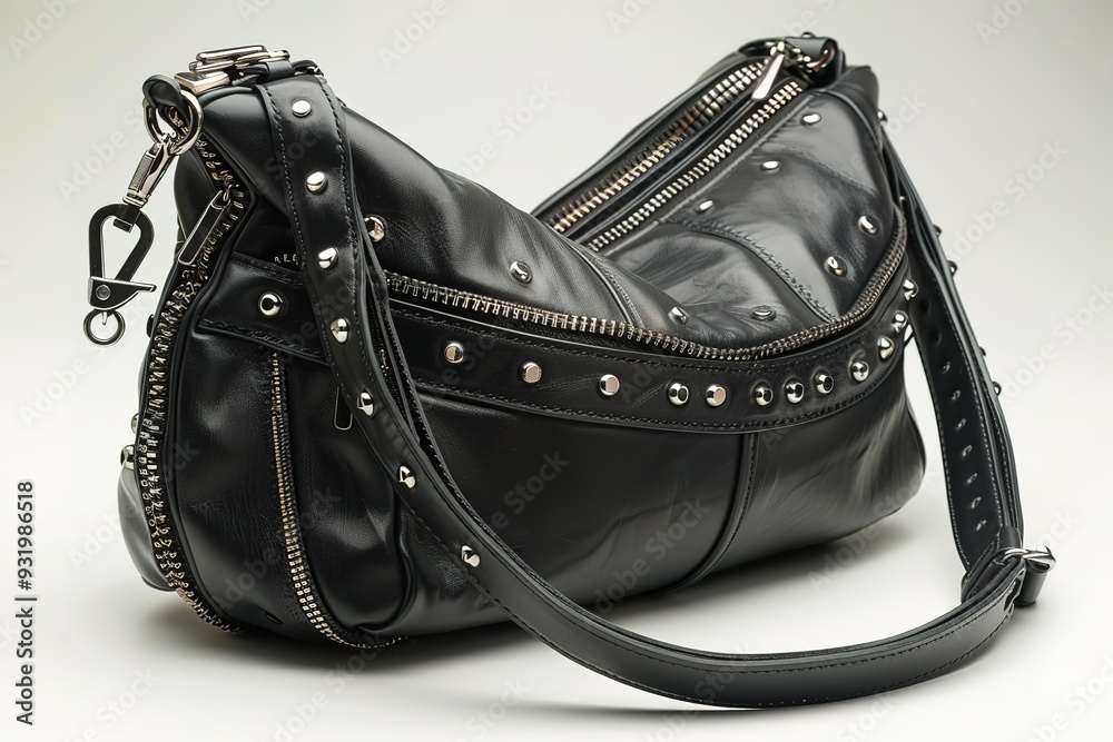 A black purse with silver studs and a silver chain A black purse with silver studs and a silver chain