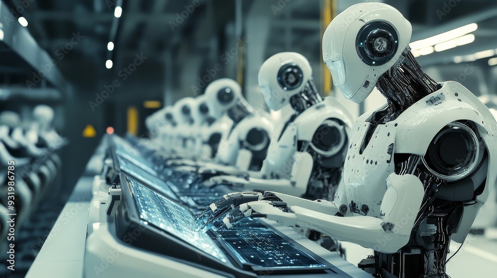 Fototapeta premium Futuristic Smart Factory with Robotic Workers Showing Automated Manufacturing Process