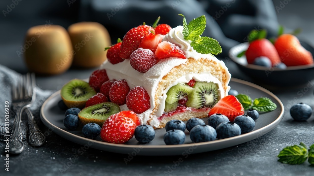 Sliced strawberry roll cake revealing whipped cream and kiwi filling.