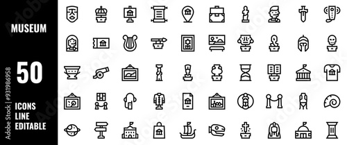 50 Museum Icons Set Line Editable Vector Illustration